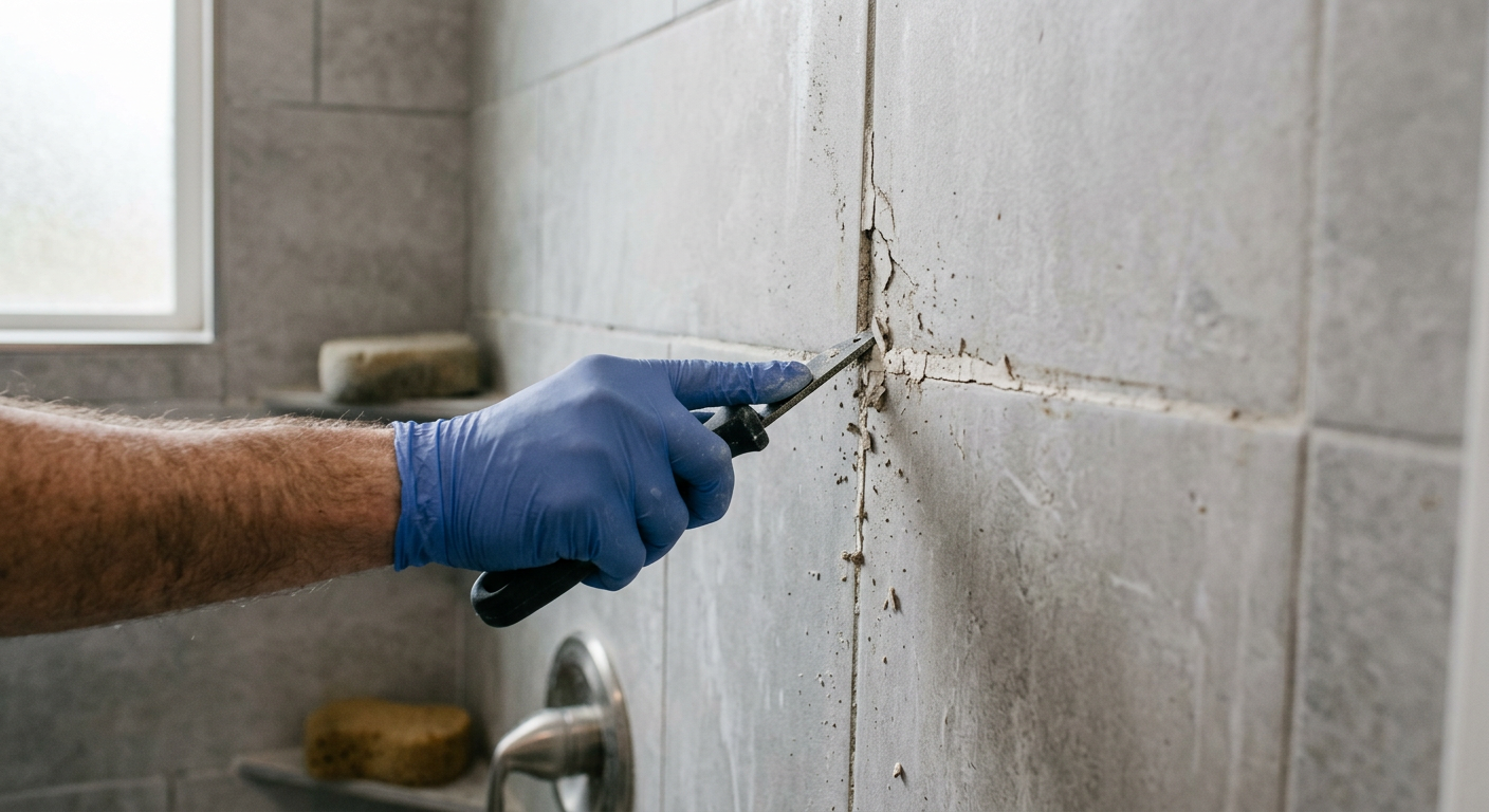 Handyman performing professional tile and grout repair on a shower wall in Sammamish, WA.