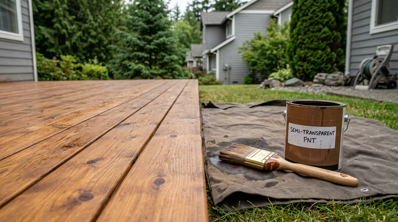 A freshly stained cedar deck, part of a seasonal home maintenance routine in Snohomish, WA.