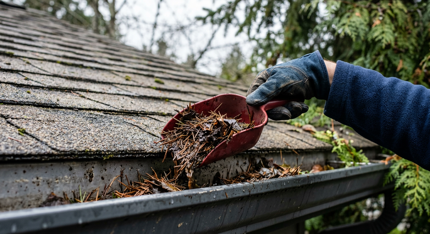 A House Spouse handyman performing seasonal home maintenance by cleaning gutters on a home in Clyde Hill, WA.
