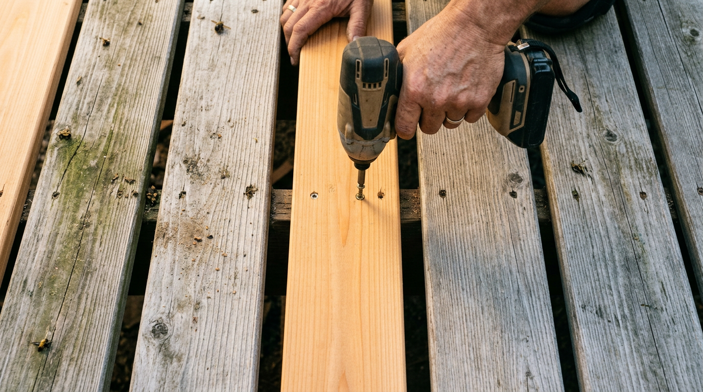Replacing a weathered deck board as part of seasonal home maintenance on a Greenwood, WA house.