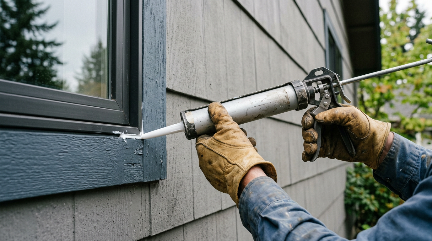 Applying a bead of caulk to a window trim as part of seasonal home maintenance in Lynnwood, WA.
