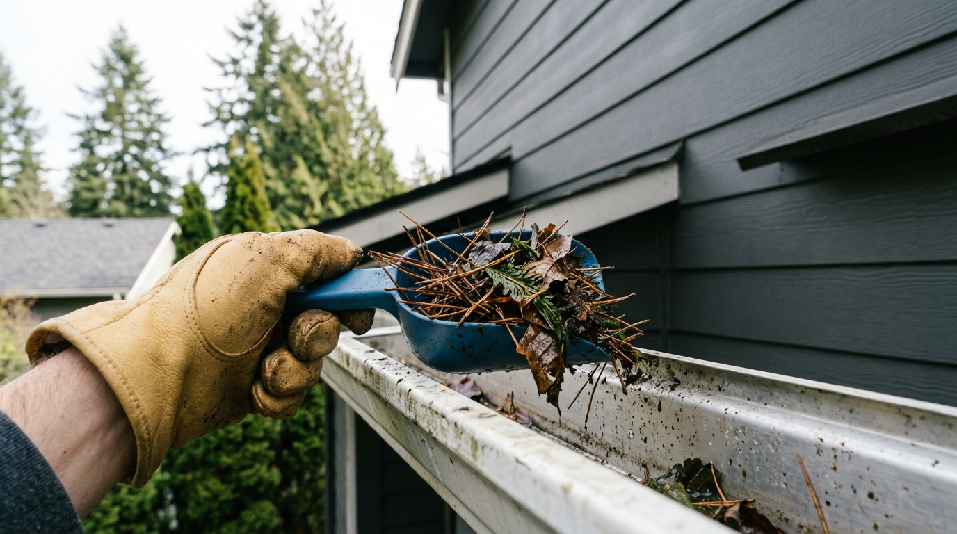 Handyman clearing pine needles from a rain gutter as part of seasonal home maintenance in Lynnwood, WA.
