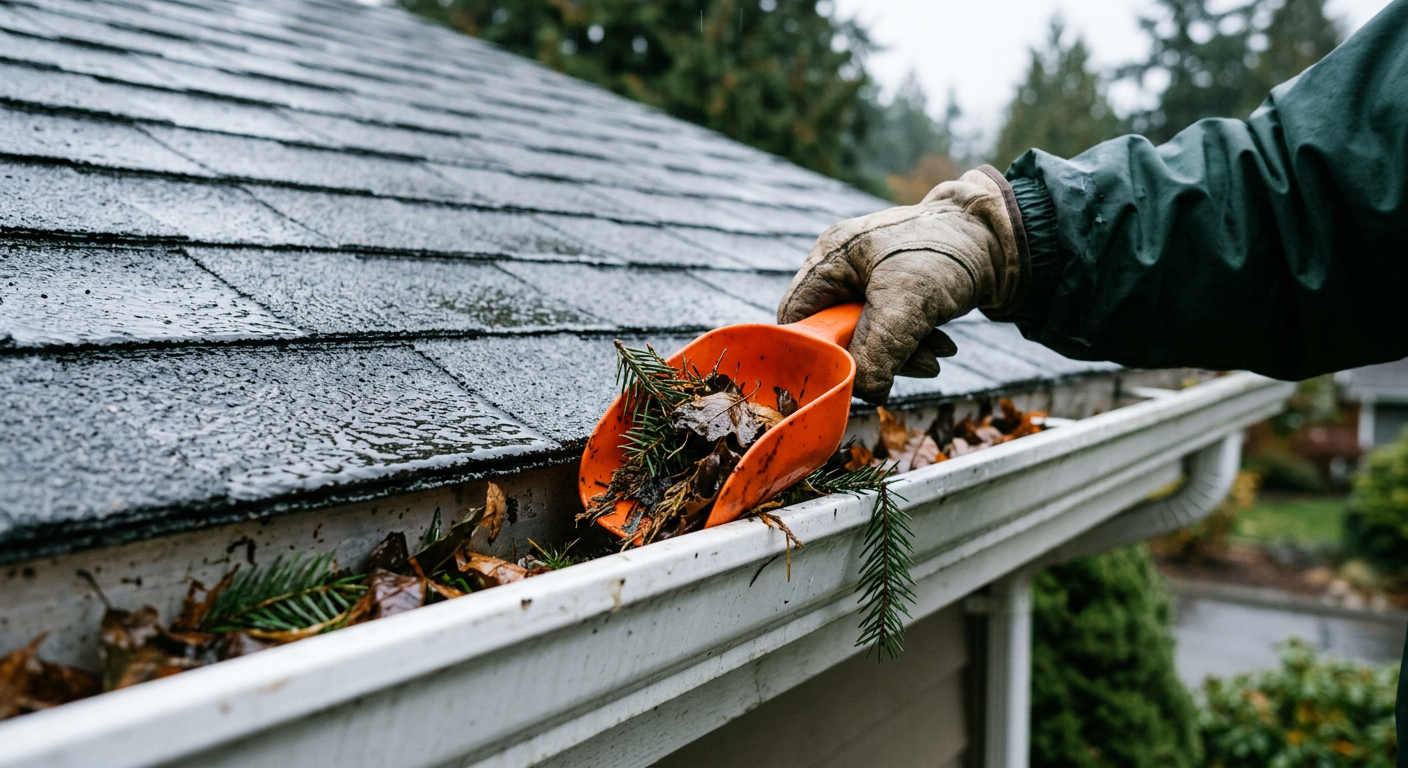 A hand in a glove scooping wet fir needles from a gutter during fall seasonal maintenance on a home in Lynnwood, WA.
