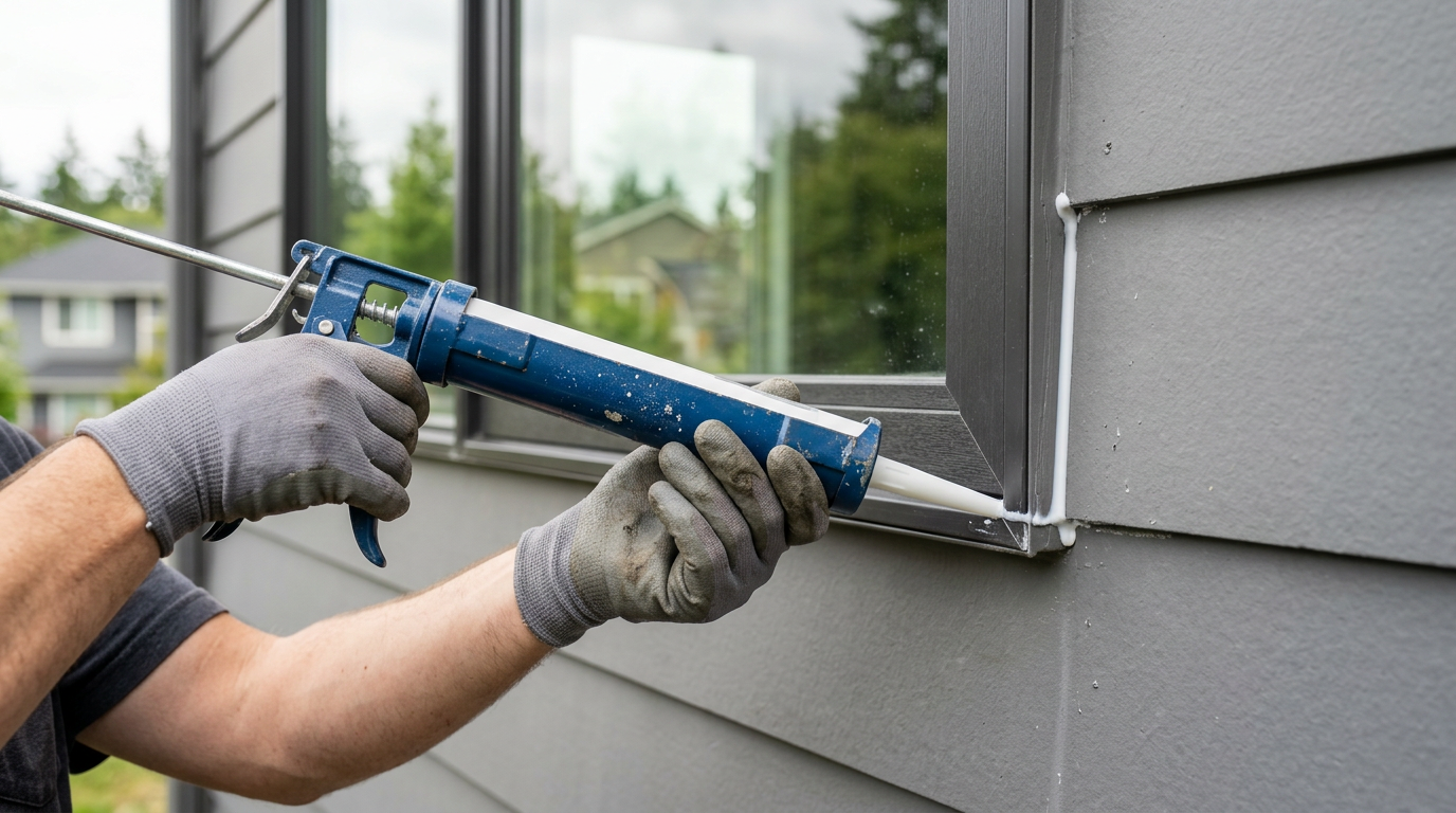 Applying fresh exterior caulk to a window frame as part of seasonal home maintenance in Redmond.