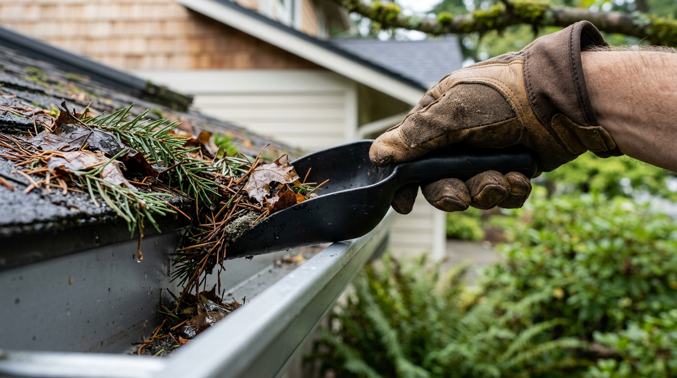 A hand in a glove performing seasonal home maintenance by cleaning fir needles from a gutter in Redmond, WA.