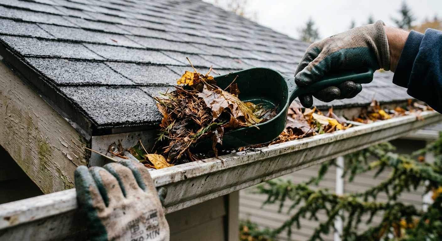 A handyman cleaning fall leaves from a gutter as part of seasonal home maintenance in Yarrow Point, WA.