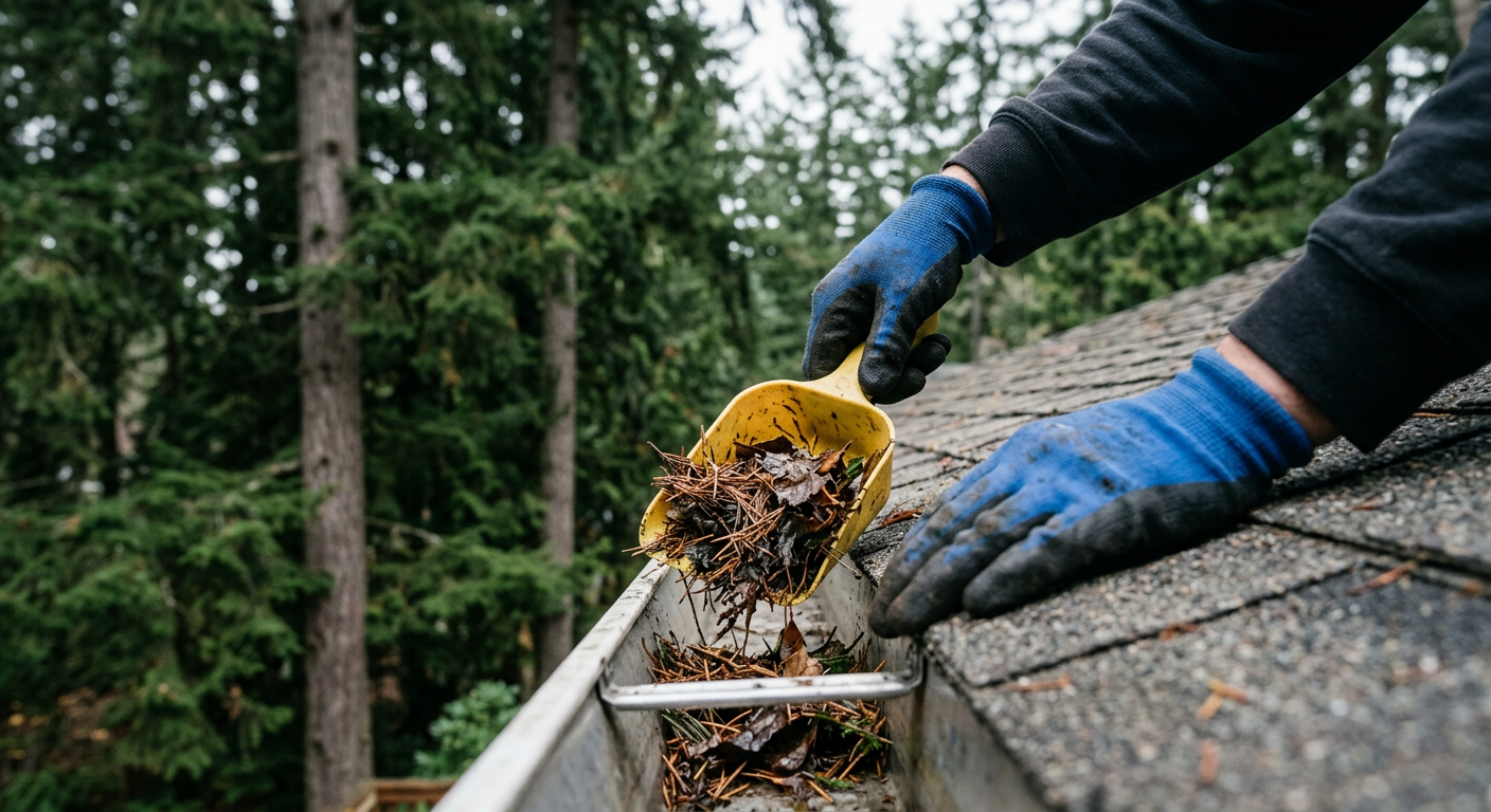 Cleaning fir needles from a gutter as part of a seasonal maintenance checklist for a home in Greenwood, WA.