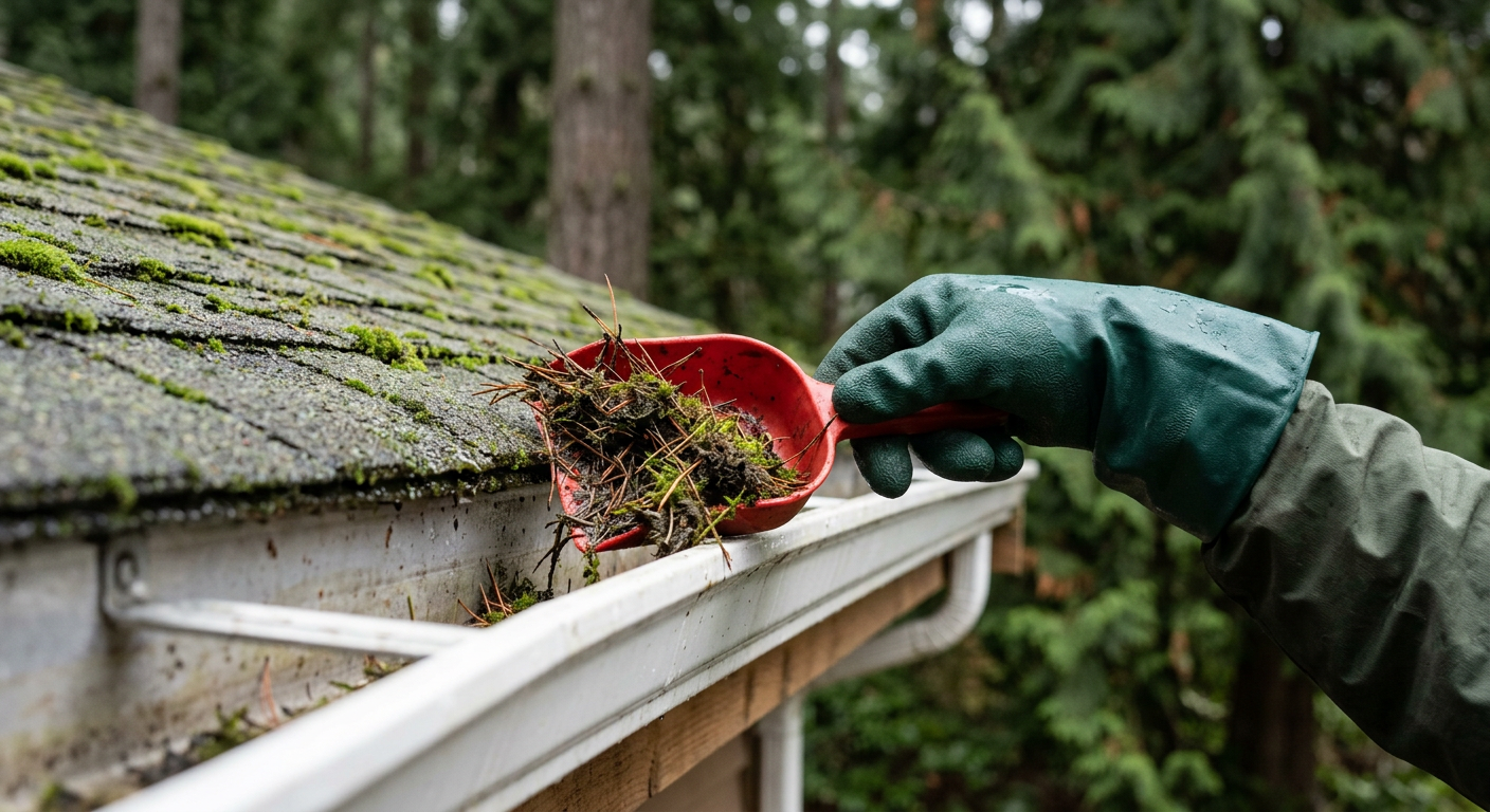 A gloved hand cleaning wet fir needles from a gutter as part of fall seasonal home maintenance in Lynnwood.