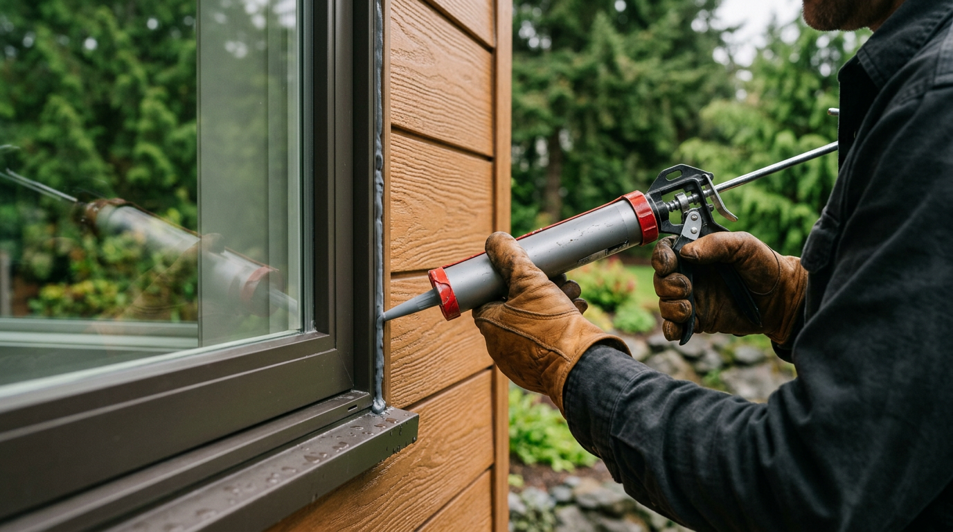 Applying exterior sealant to a window frame as part of seasonal maintenance on a home in Clyde Hill.