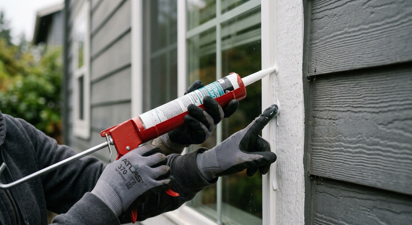 Applying fresh exterior caulk around a window as part of seasonal maintenance on a home in Clyde Hill, WA.