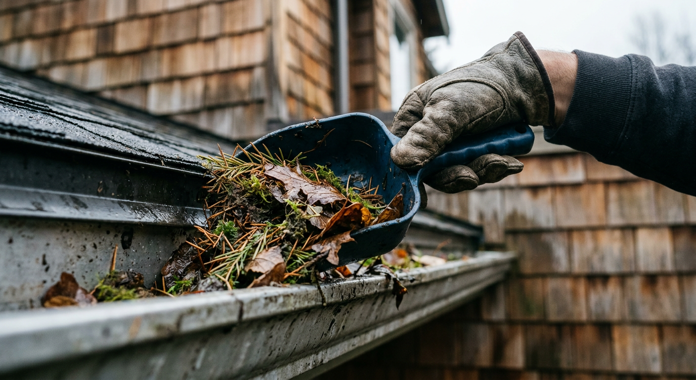 A handyman clearing fir needles from the gutters of a home as part of fall seasonal maintenance in Clyde Hill.