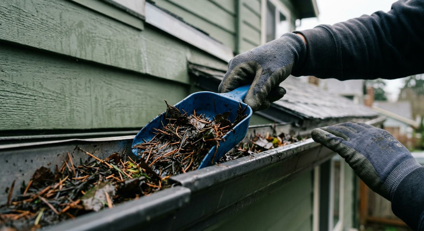 Hand in a glove cleaning wet leaves from a home's gutter during seasonal maintenance in Greenwood, WA.