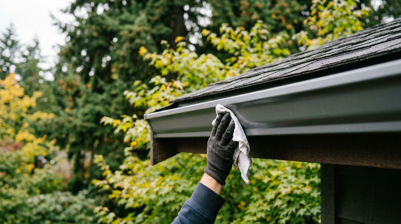 A hand wiping down a clean gutter as part of seasonal home maintenance in Mercer Island, WA.