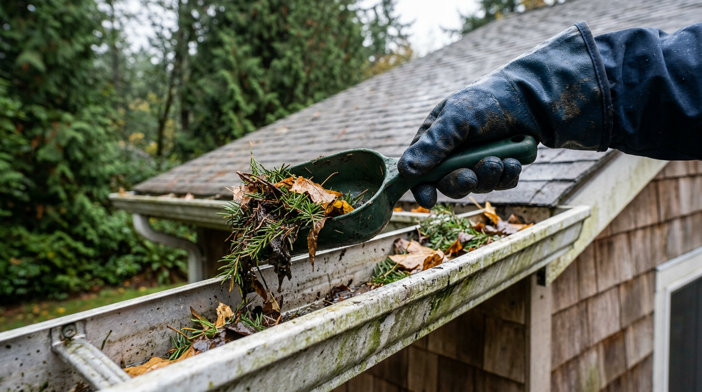 Gloved hand cleaning fall debris from gutters during seasonal maintenance on a Greenwood home.