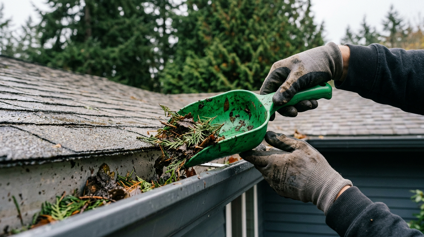 A House Spouse technician performing fall seasonal maintenance by cleaning fir needles from the gutters of a home in Redmond, WA.