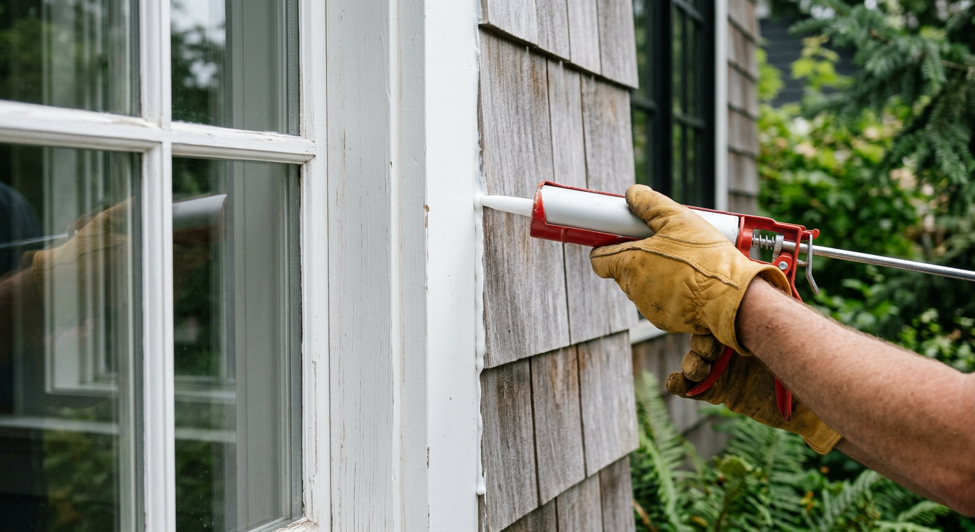 Applying fresh exterior caulk to a window as part of summer seasonal maintenance in Lynnwood WA.