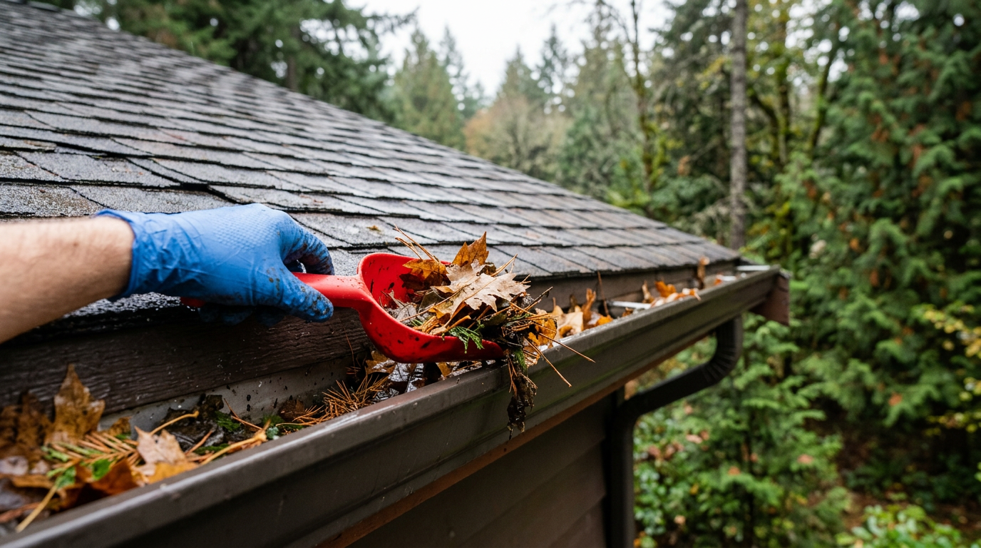 A handyman performing seasonal maintenance by cleaning gutters on a Mercer Island, WA home.
