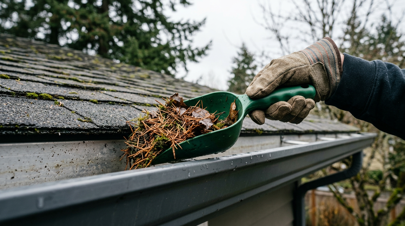 Close up of a hand cleaning fall leaves out of a gutter during seasonal maintenance on a Mercer Island, WA home.