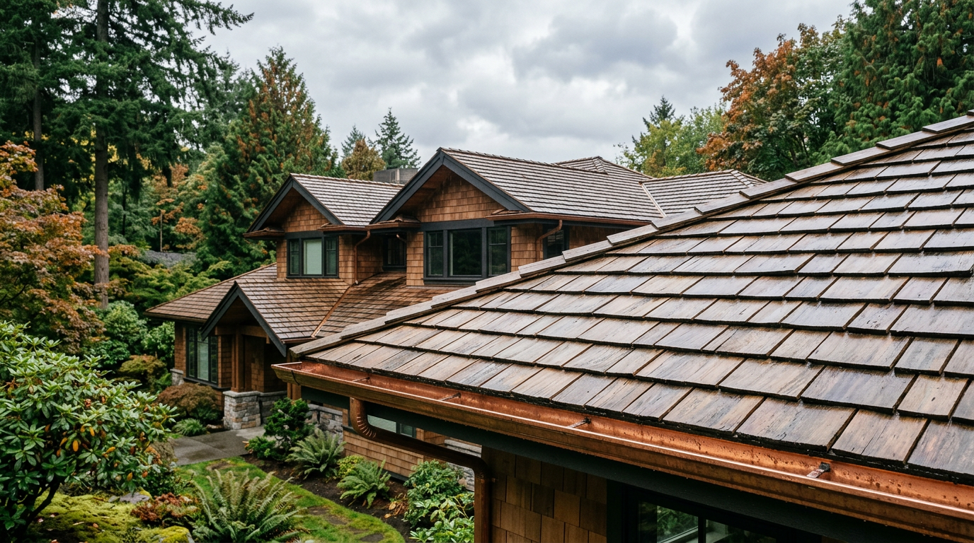 A well-maintained roofline and clean gutters on a Mercer Island home, ready for fall seasonal maintenance.