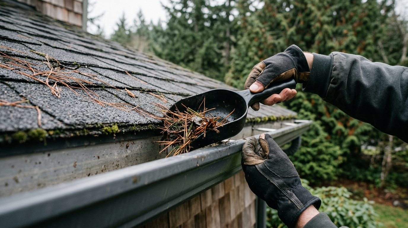 Clearing fir needles from the gutters of a home in Redmond during seasonal maintenance.