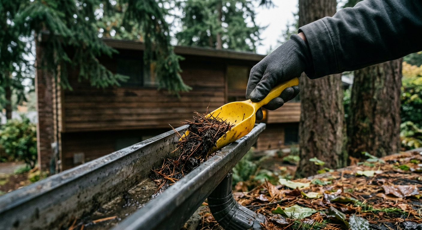 Fall seasonal maintenance in Shoreline WA showing gutter cleaning with a hand trowel on an overcast day