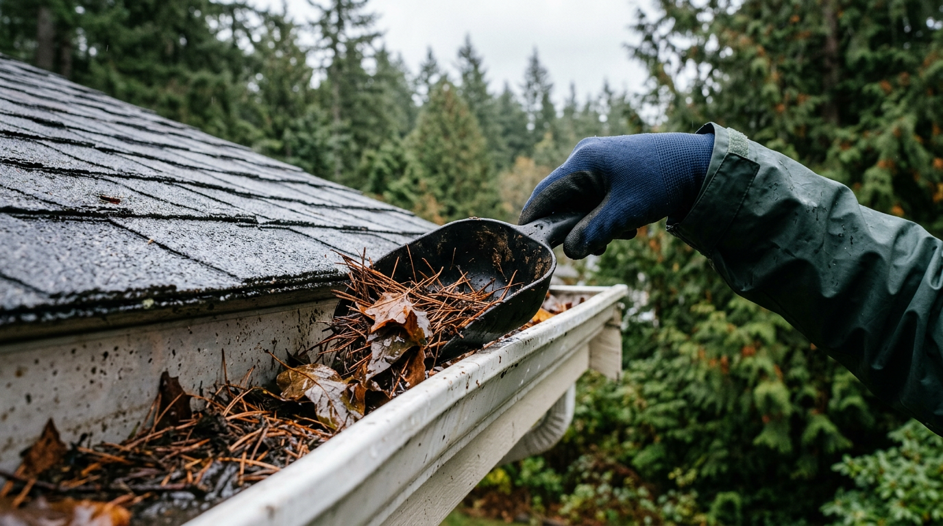 Gloved hand cleaning pine needles from a gutter during seasonal maintenance in Shoreline, WA.