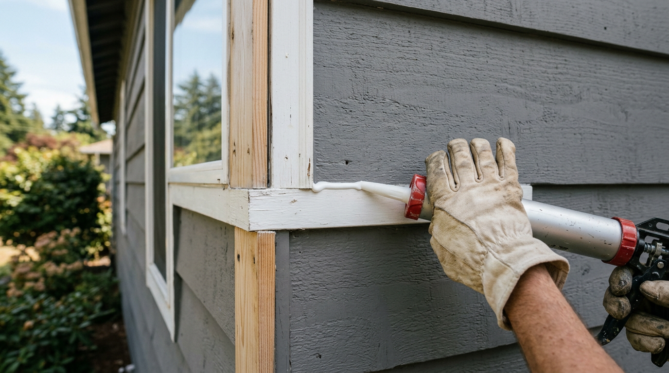 A handyman applying fresh caulk around a window during summer seasonal maintenance on a home in Shoreline, WA.