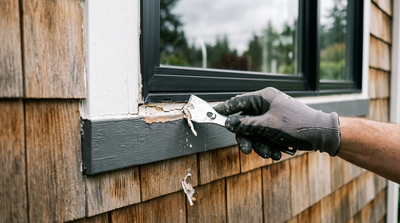 Close-up of a hand performing seasonal maintenance by re-caulking a window on a home in Yarrow Point, WA.