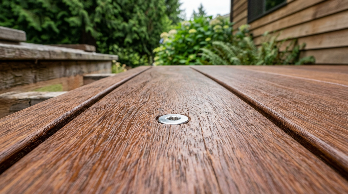Close-up of a high-quality deck board and fastener, an example of proper seasonal maintenance for a Yarrow Point, WA home.