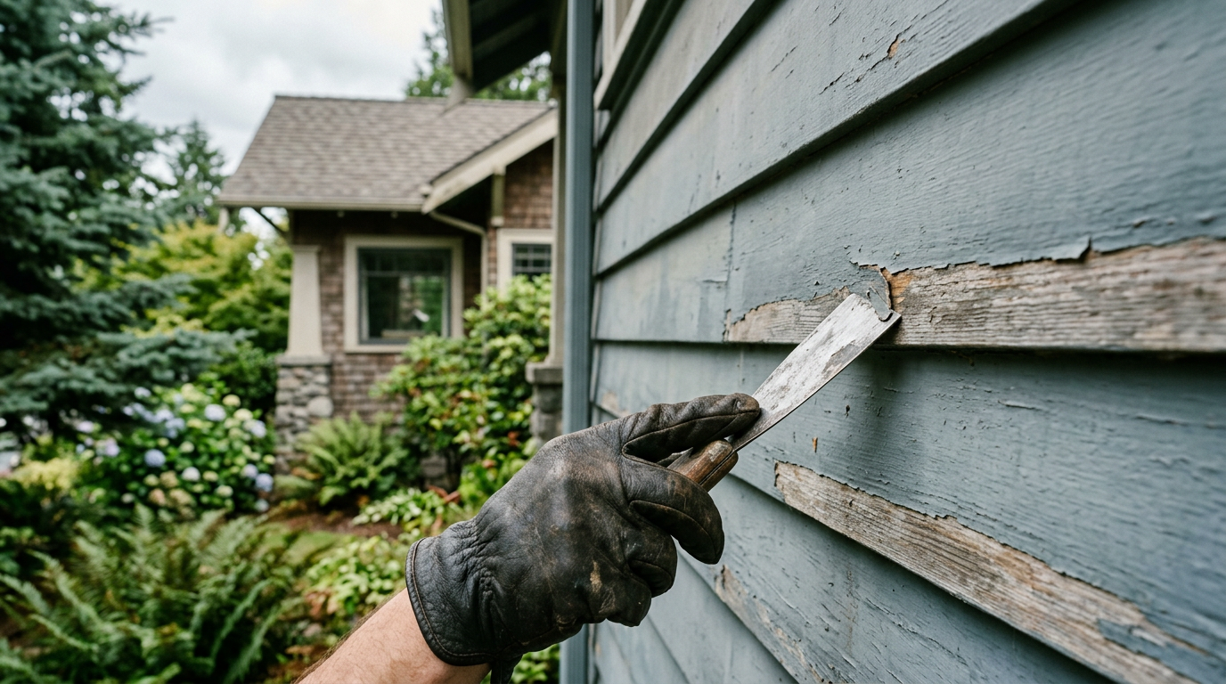 Close-up of a hand checking for peeling paint on wood siding, part of seasonal home maintenance in Yarrow Point, WA.