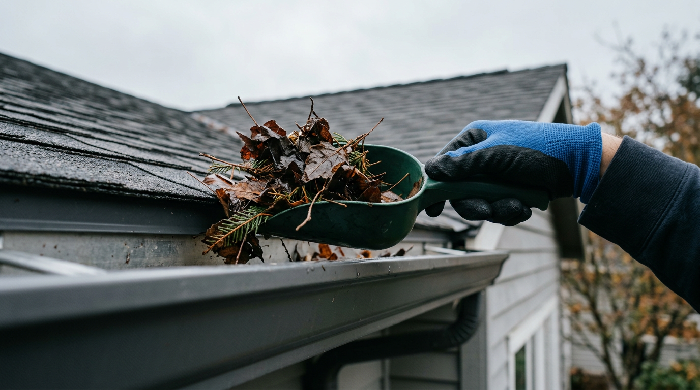 A hand cleaning leaves from a gutter as part of seasonal maintenance on a home in Yarrow Point, WA.