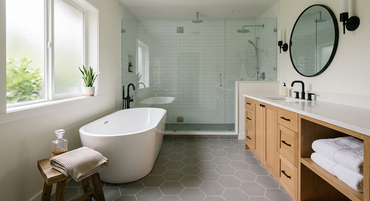 A clean, modern remodeled bathroom in a Seattle home with a new tub and shower.