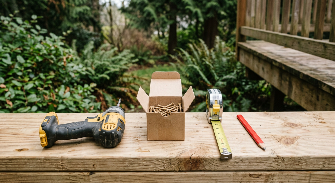 Close-up of deck repair tools on a new board during a deck repair project in Seattle.