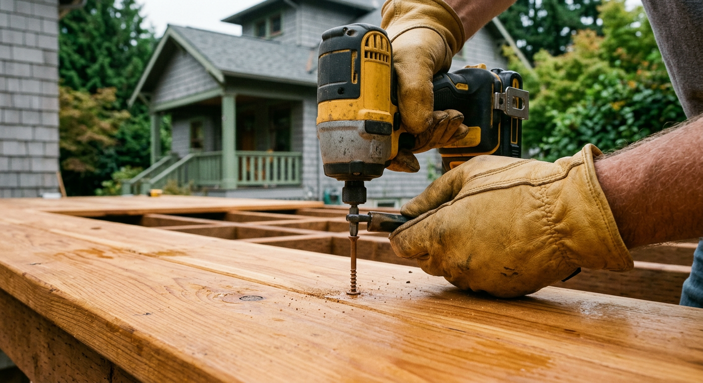 A professional handyman tightening a deck screw on a new wood deck in Seattle, WA.