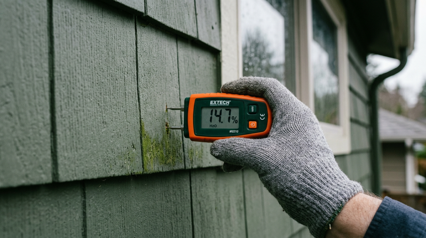 Using a digital moisture meter to perform a home health assessment on painted wood siding in Seattle, WA.