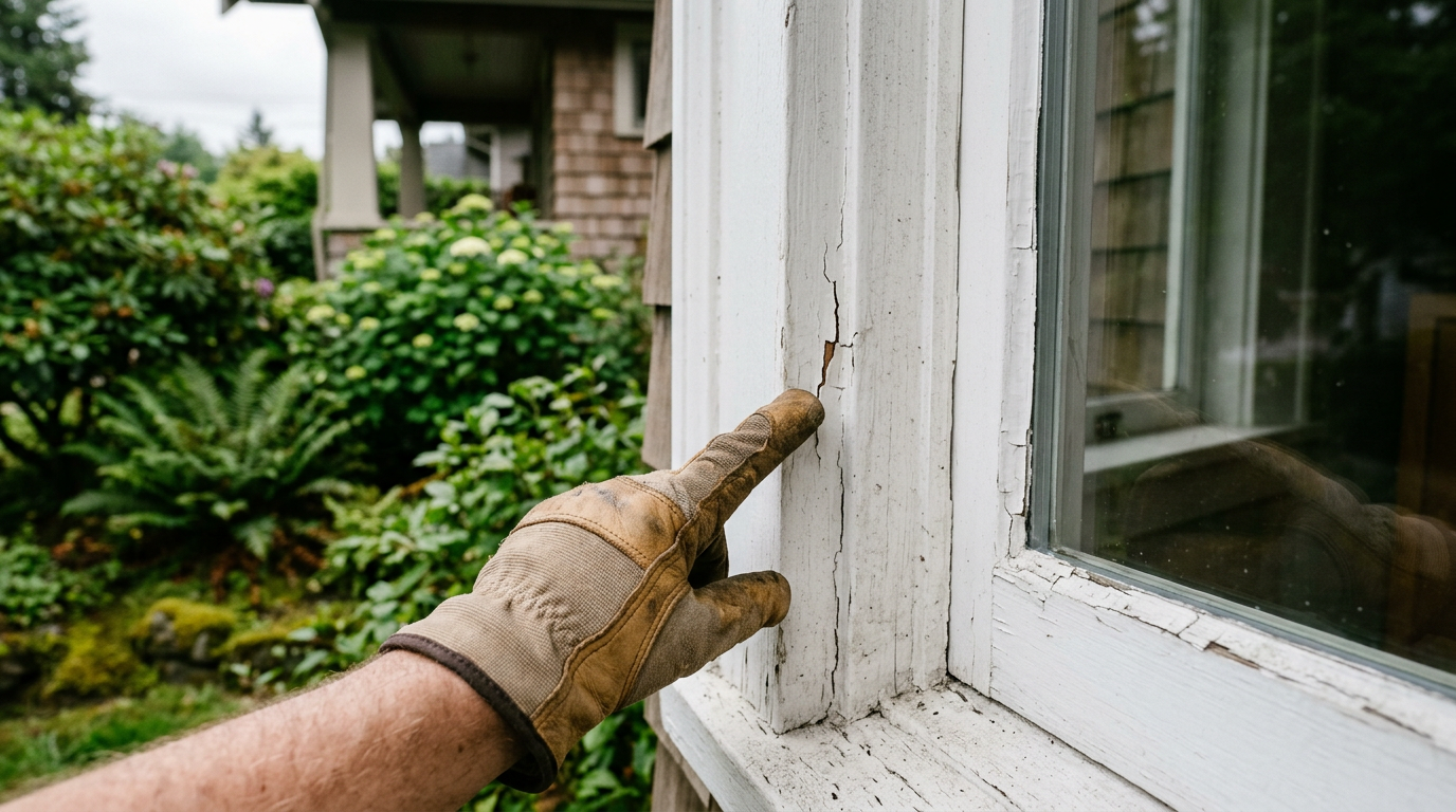 A hand pointing to peeling paint on a window frame, an early warning sign found during a Seattle home health assessment.