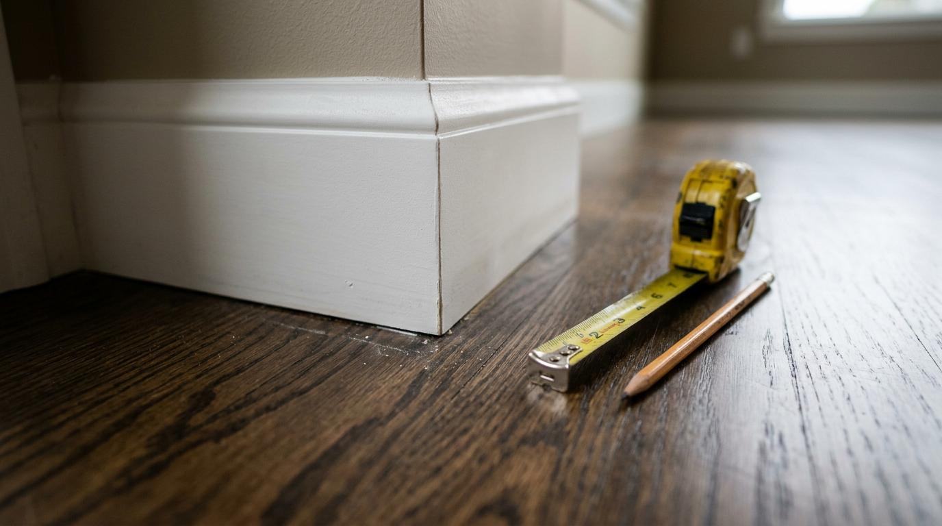 Close up of newly installed baseboard trim awaiting paint in a Seattle, WA home.