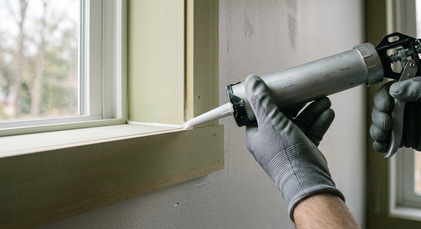 Applying a bead of caulk to new window casing during a trim repair project in a Seattle home.