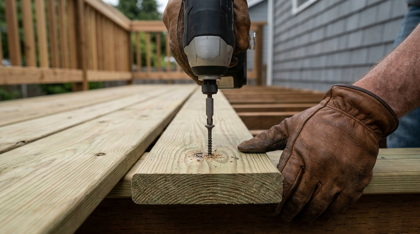 Close-up of a deck screw being driven into a wooden deck board during a deck repair in Seattle, WA.