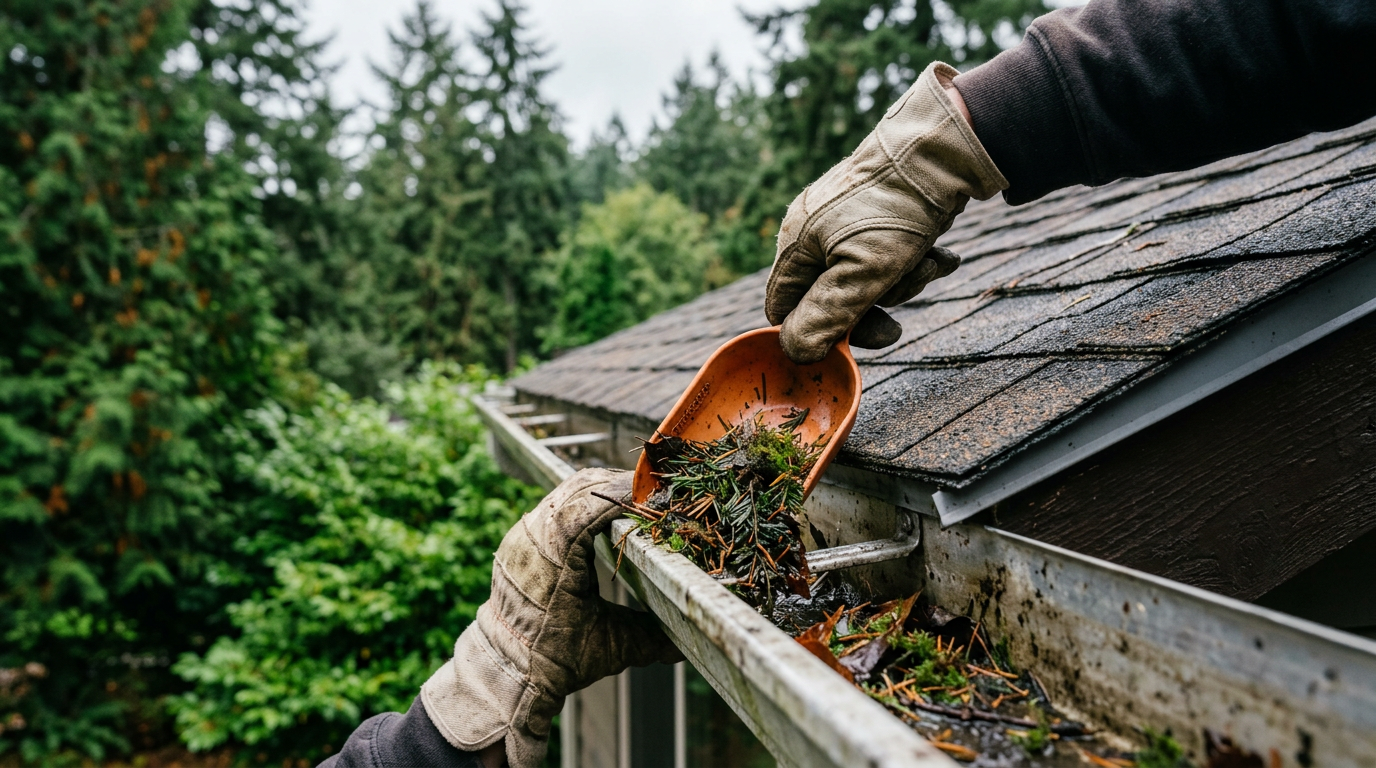 Clearing fir needles from a gutter during a home health assessment in Seattle.