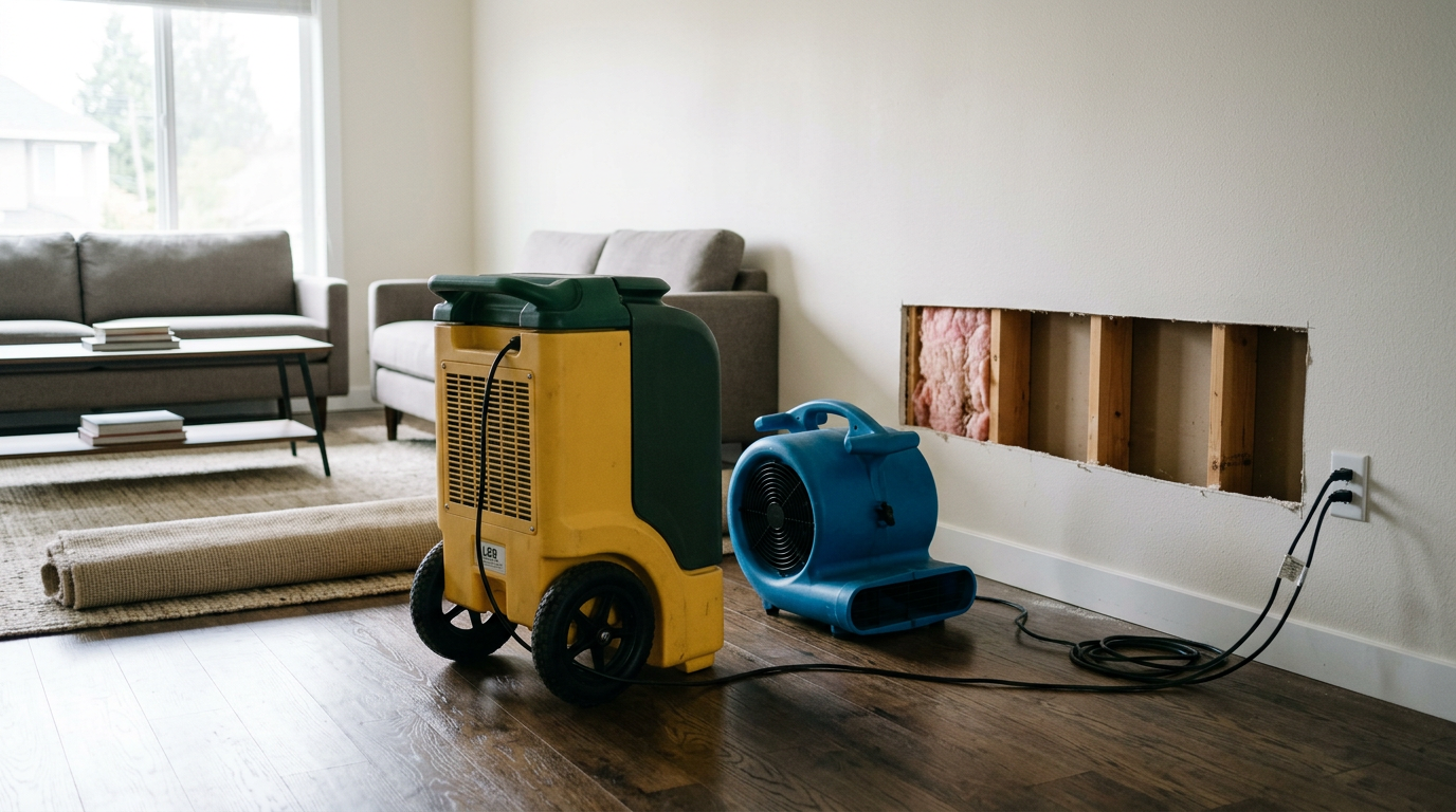 Professional water damage response in a Seattle living room, with a dehumidifier and air mover drying out the area where drywall was removed.