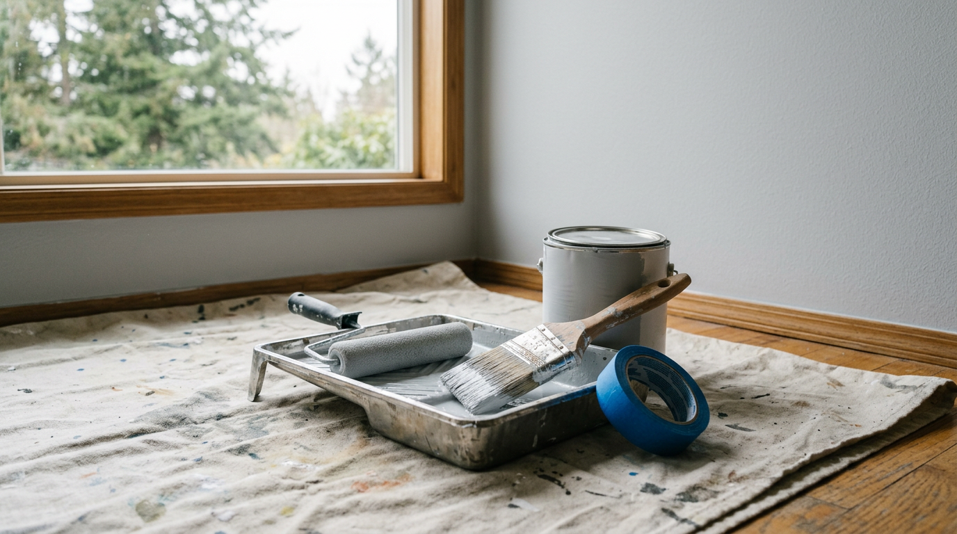 Professional painting tools ready for an interior painting project in a Shoreline home.