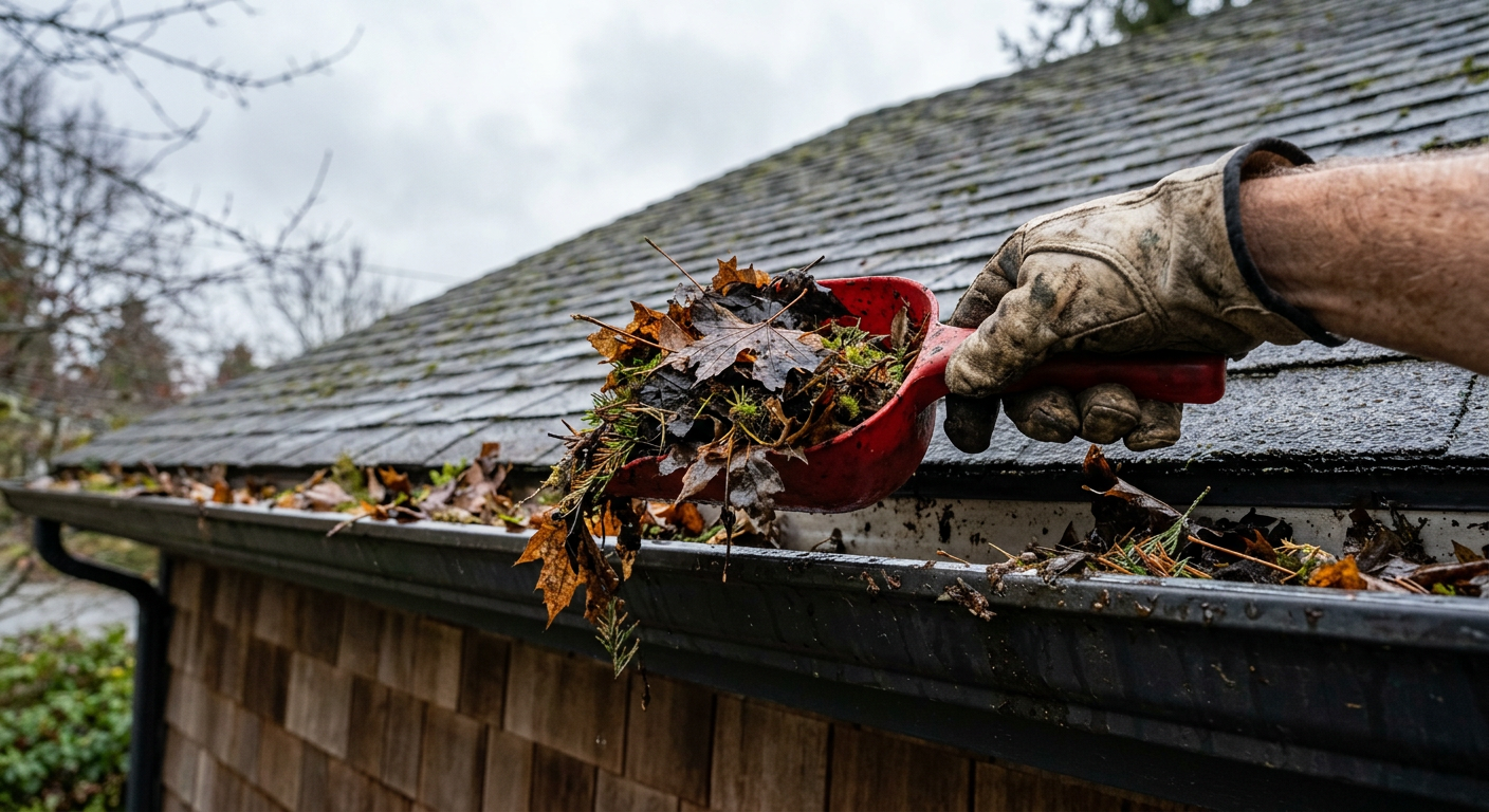 Gutter cleaning in Shoreline, WA, as part of fall seasonal home maintenance.