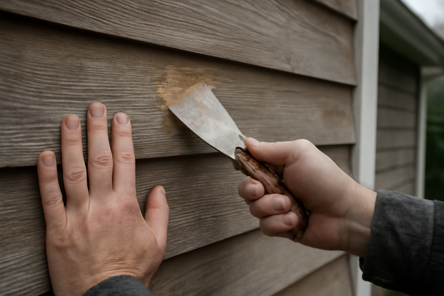 Close-up of a handyman performing a siding repair on a home in Lake Stevens, WA.