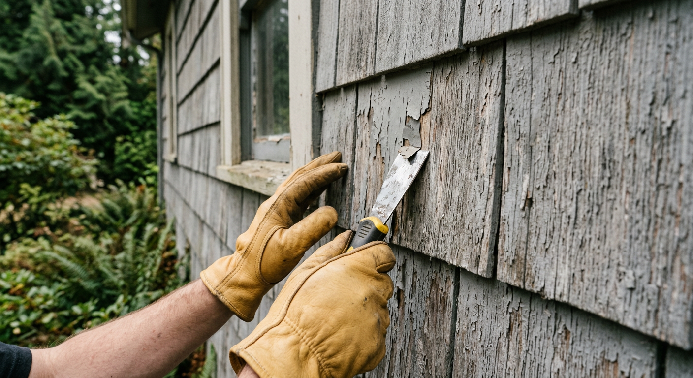 Close-up of siding repair on a home in Yarrow Point, WA, showing preparation before painting.