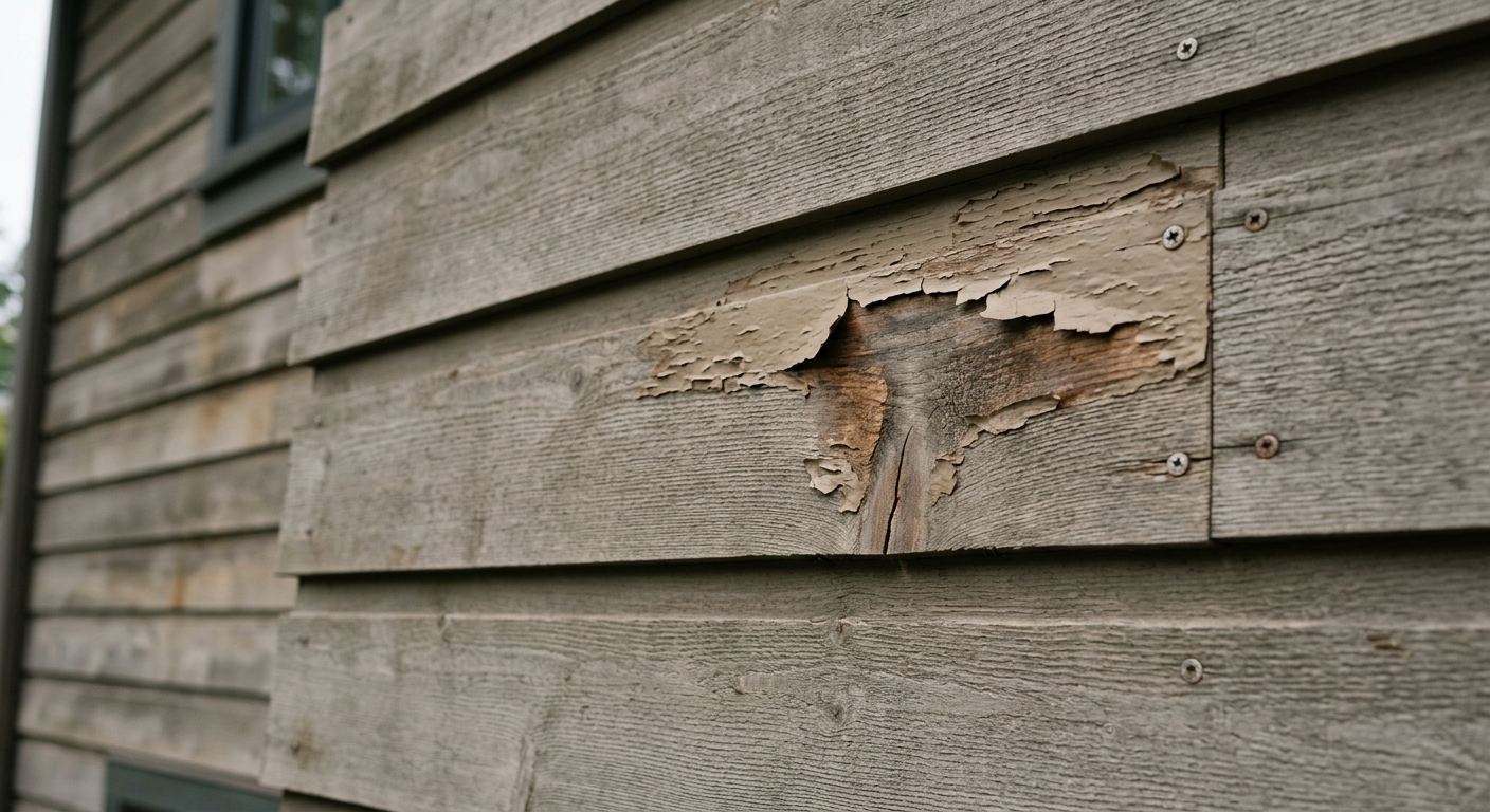 Close-up of weathered cedar siding on a Clyde Hill, WA home, showing signs of peeling paint that indicates a need for siding repairs.