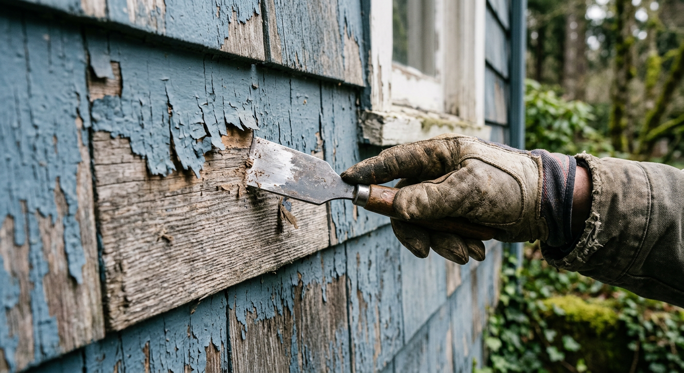 Hand scraping old paint off a cedar siding board during a home maintenance project in Clyde Hill, WA.