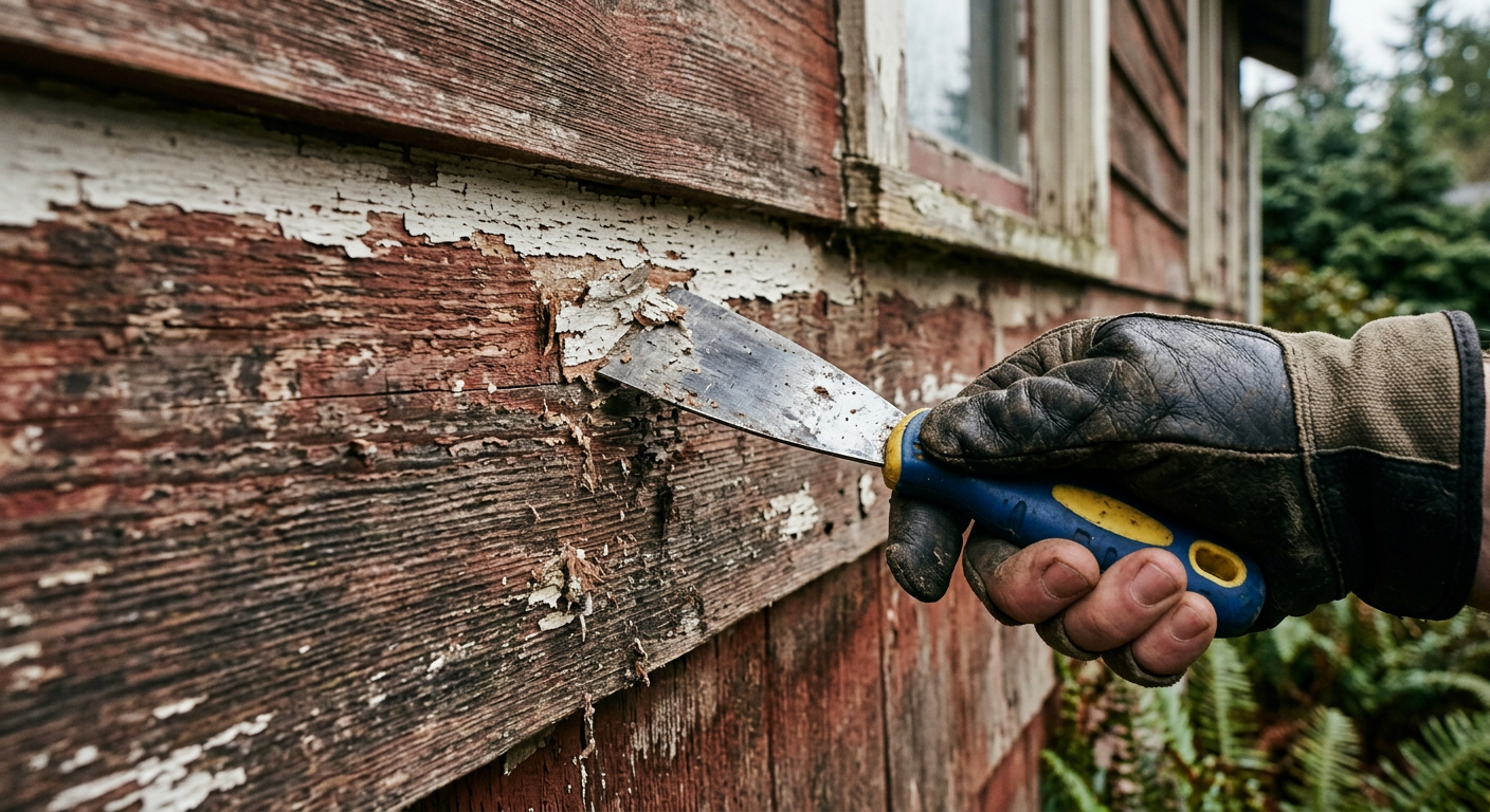 Close-up of a hand scraping peeling paint off of cedar siding on a home in Clyde Hill, WA, during fall maintenance.