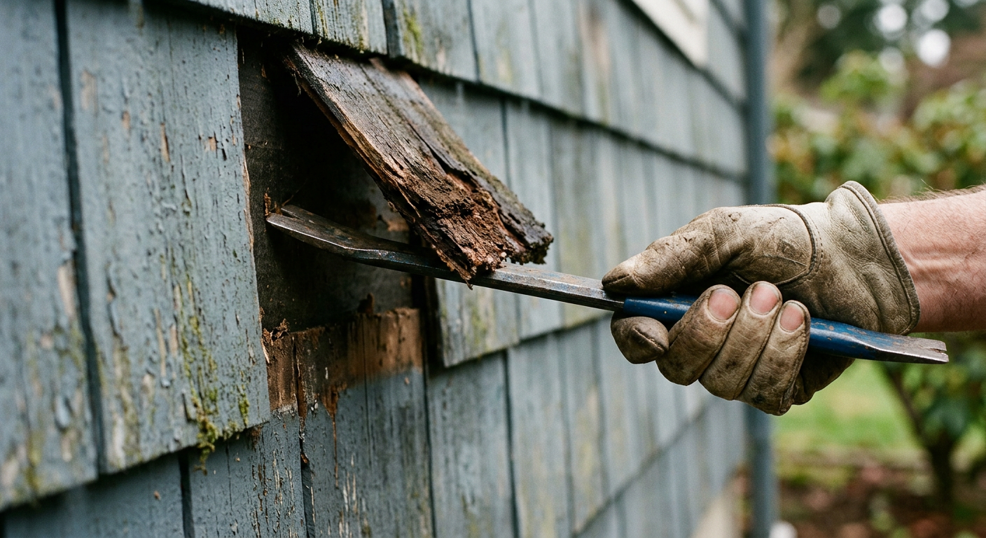 Close-up of a rotted siding board being removed during a siding repair on a home in Greenwood, WA.