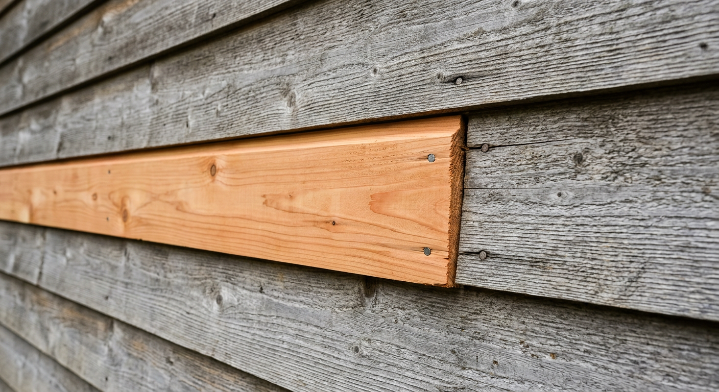 Close-up of a siding repair on a Mercer Island home, showing a new cedar board next to weathered ones.